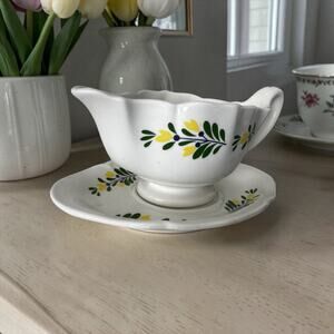 Vintage HB Quimper France Faience Gravy Boat Yellow Floral